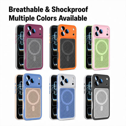 For iPhone 14 Pro Max Armor Shield Mesh Cooling Magnetic Phone Case with Lens Film - Grey - EDA009785214D