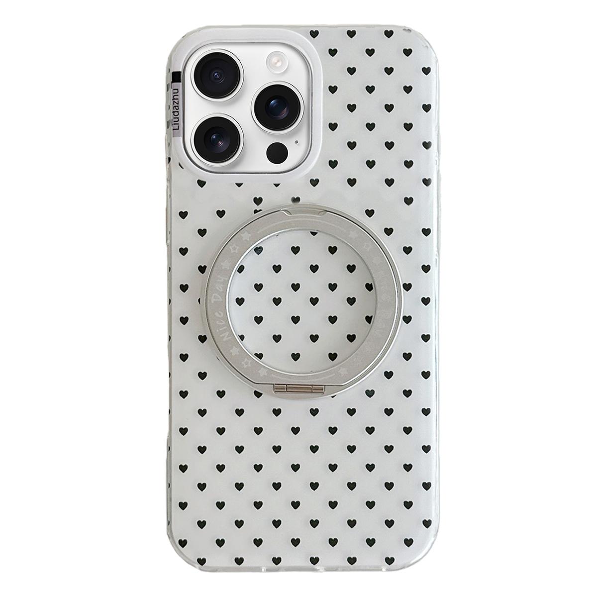 For iPhone 16 Pro Minimalist Heart Pattern 360 Rotating Holder Magnetic Phone Case - White - EDA009790605A