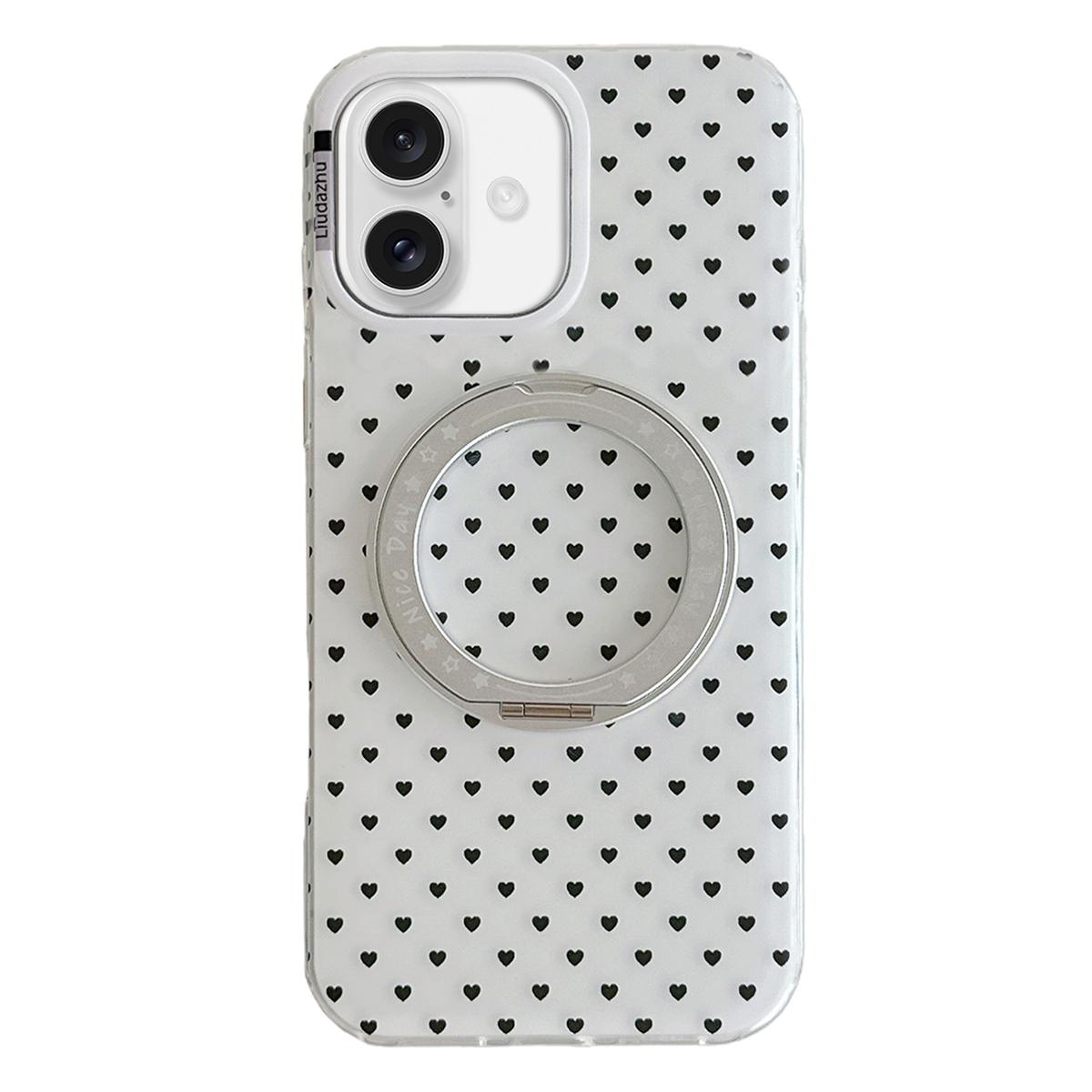 For iPhone 16 Minimalist Heart Pattern 360 Rotating Holder Magnetic Phone Case - White - EDA009790606A