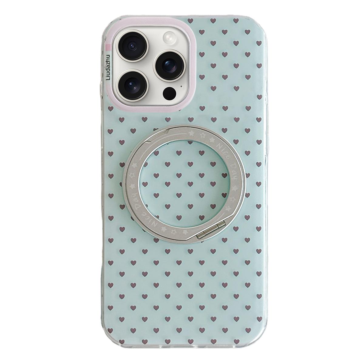 For iPhone 15 Pro Max Minimalist Heart Pattern 360 Rotating Holder Magnetic Phone Case - Light Green - EDA009790607B