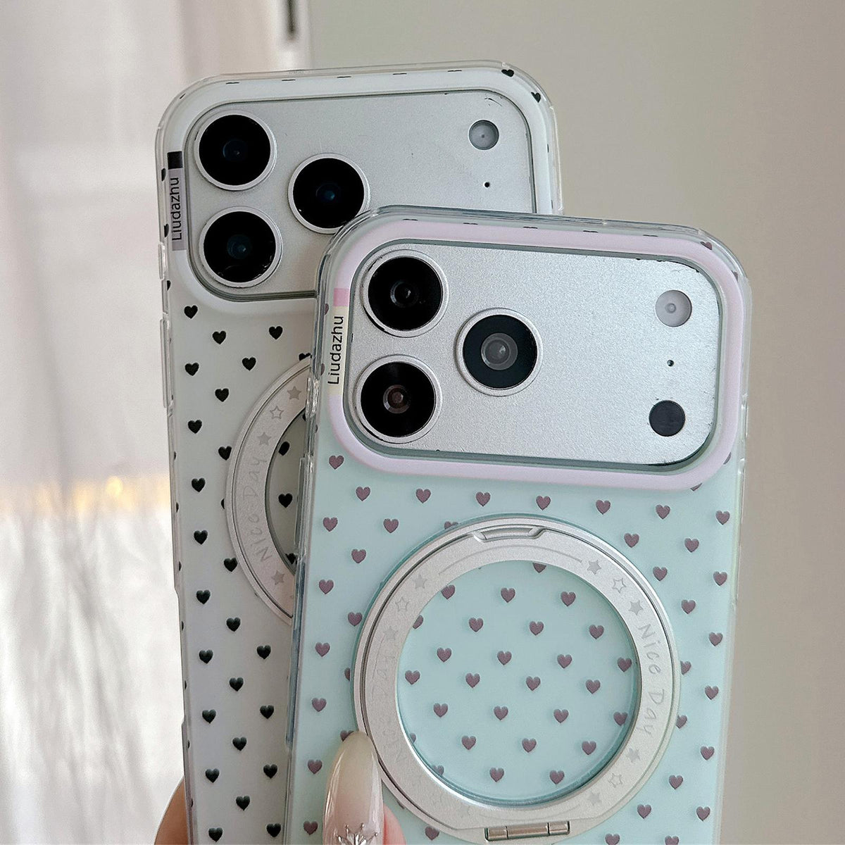 For iPhone 17 Pro Minimalist Heart Pattern 360 Rotating Holder Magnetic Phone Case - White - EDA009790602A