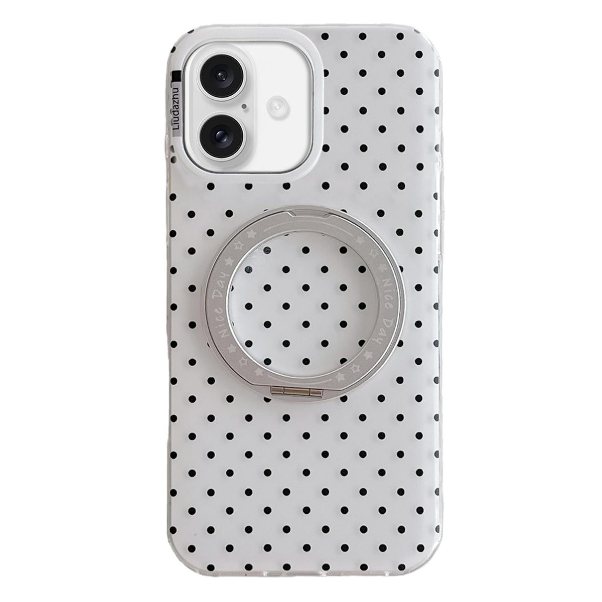 For iPhone 16 Minimalist Point Pattern 360 Rotating Holder Magnetic Phone Case - White - EDA009790706A