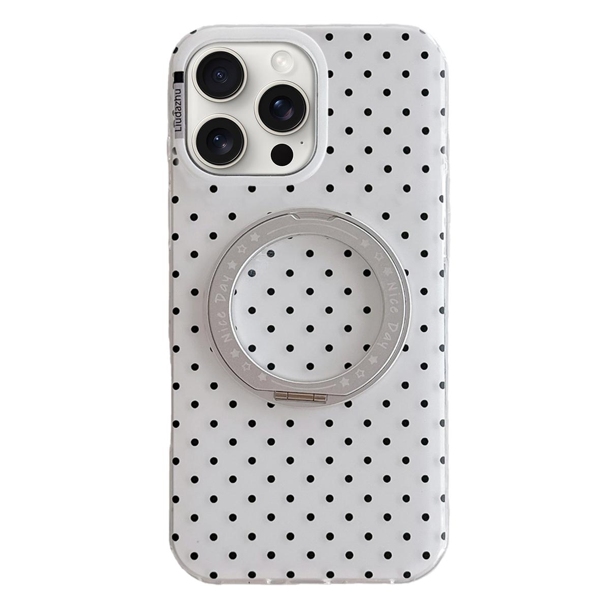 For iPhone 15 Pro Max Minimalist Point Pattern 360 Rotating Holder Magnetic Phone Case - White - EDA009790707A