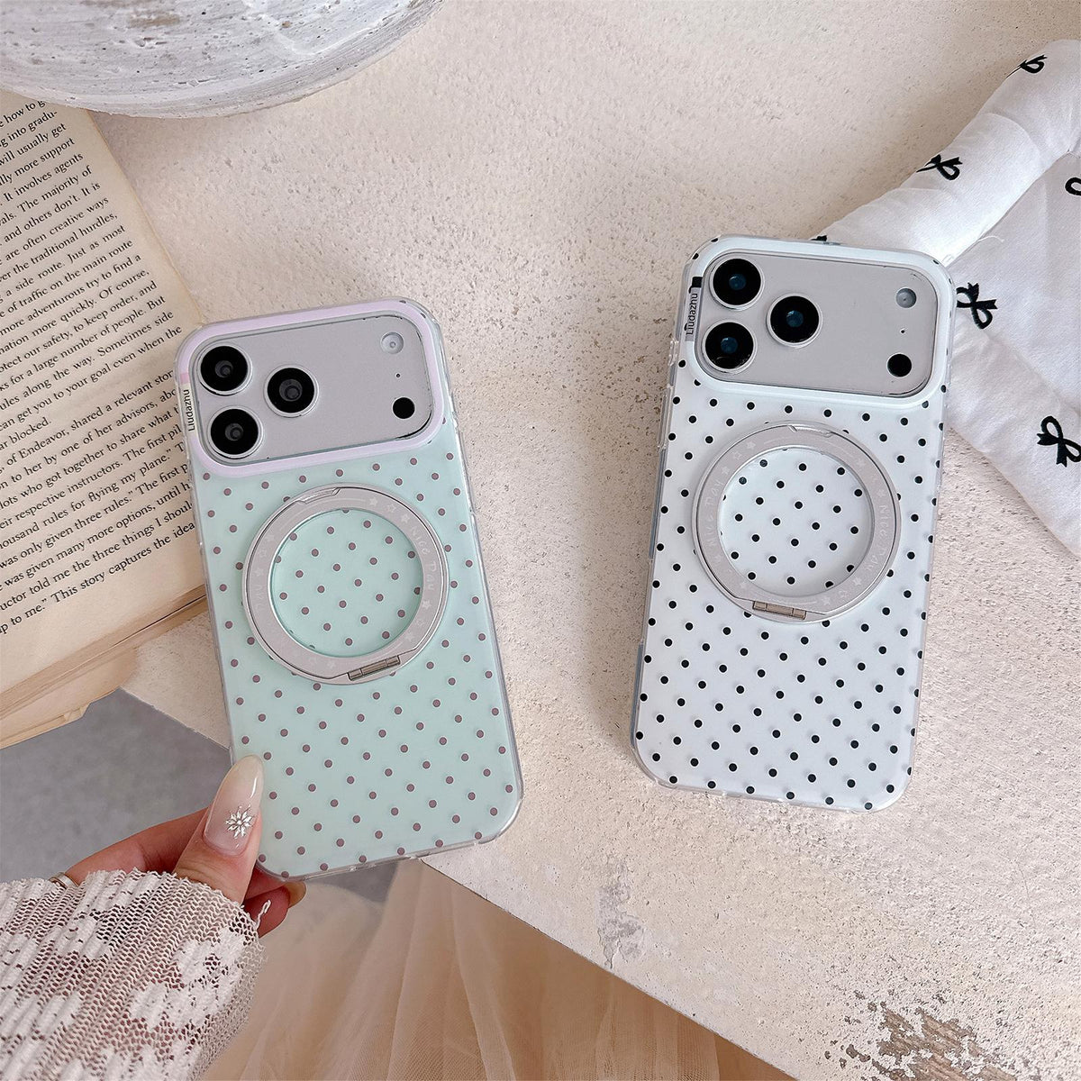 For iPhone 15 Pro Max Minimalist Point Pattern 360 Rotating Holder Magnetic Phone Case - White - EDA009790707A