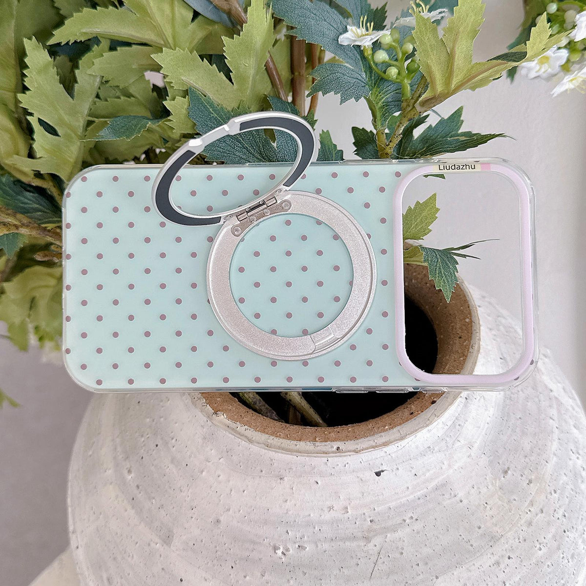 For iPhone 17 Pro Minimalist Point Pattern 360 Rotating Holder Magnetic Phone Case - Light Green - EDA009790702B
