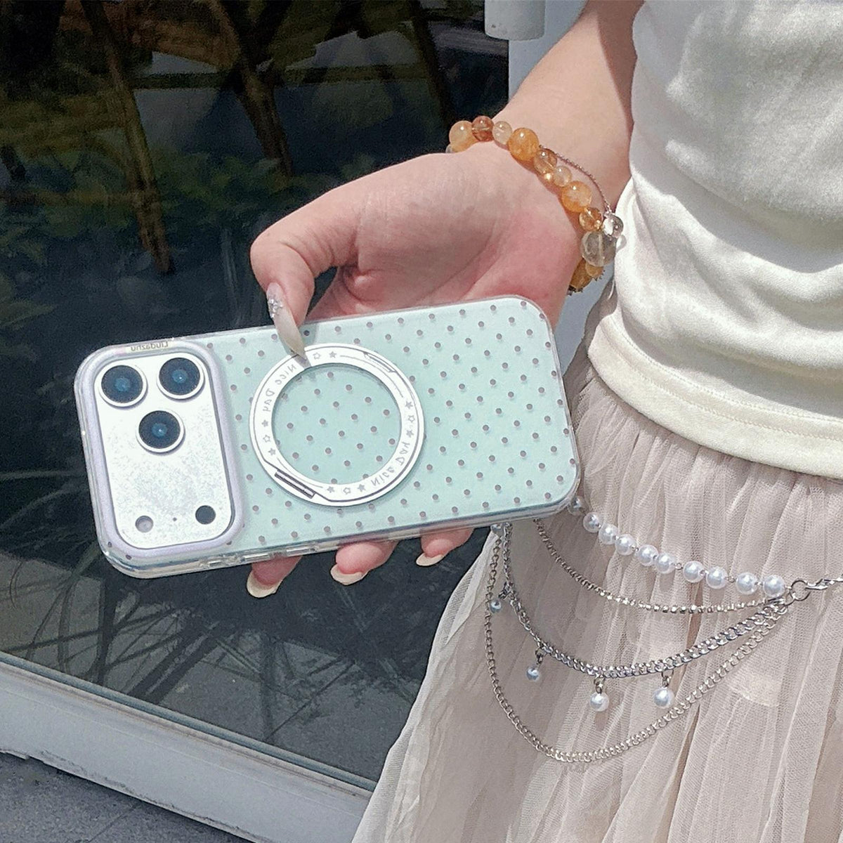 For iPhone 16 Pro Minimalist Point Pattern 360 Rotating Holder Magnetic Phone Case - White - EDA009790705A