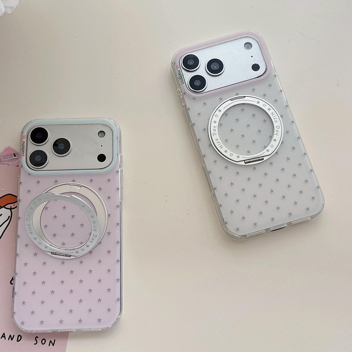 For iPhone 17 Pro Max Minimalist Star Pattern 360 Rotating Holder Magnetic Phone Case - Light Pink - EDA009790801B