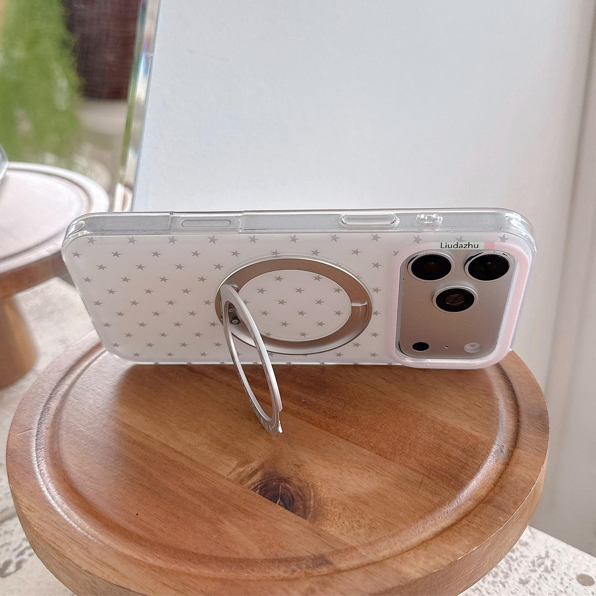 For iPhone 16 Pro Max Minimalist Star Pattern 360 Rotating Holder Magnetic Phone Case - White - EDA009790804A