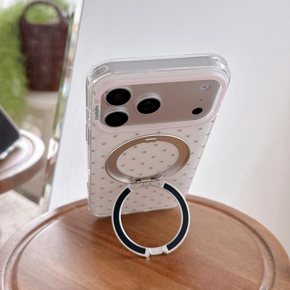 For iPhone 15 Pro Max Minimalist Star Pattern 360 Rotating Holder Magnetic Phone Case - Light Pink - EDA009790807B