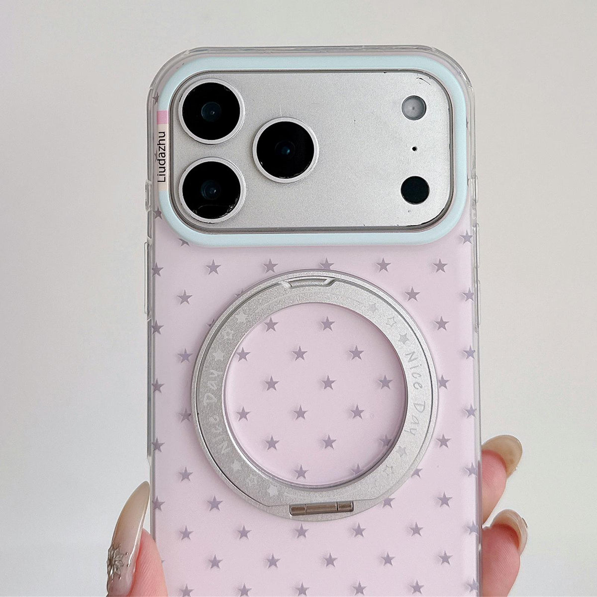 For iPhone 15 Pro Max Minimalist Star Pattern 360 Rotating Holder Magnetic Phone Case - Light Pink - EDA009790807B