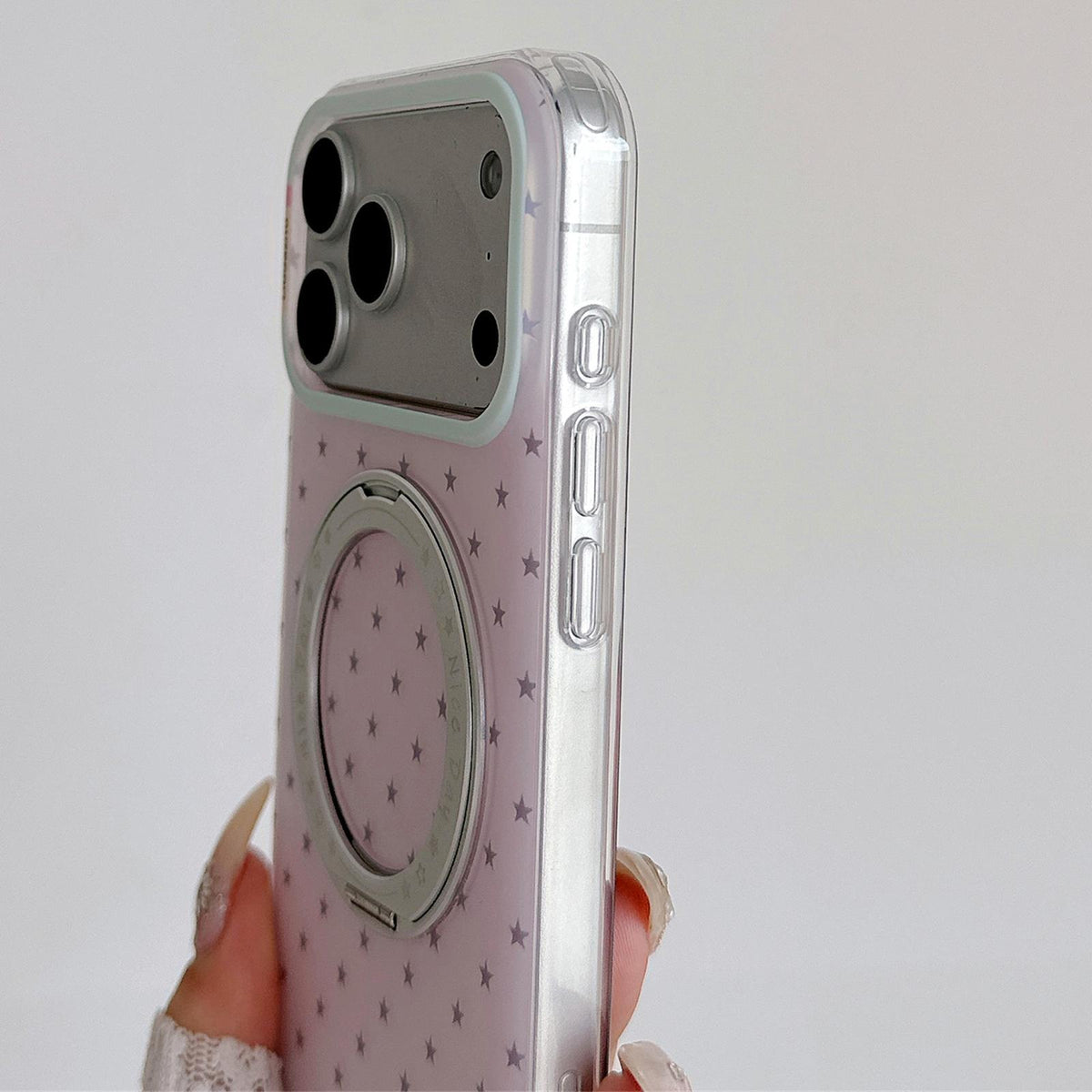 For iPhone 15 Pro Max Minimalist Star Pattern 360 Rotating Holder Magnetic Phone Case - Light Pink - EDA009790807B