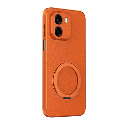 For OPPO A6s 5G Goatskin Vegan Leather Magnetic Phone Case  With 360 Degree Rotating Holder - Orange - EDA009792604A