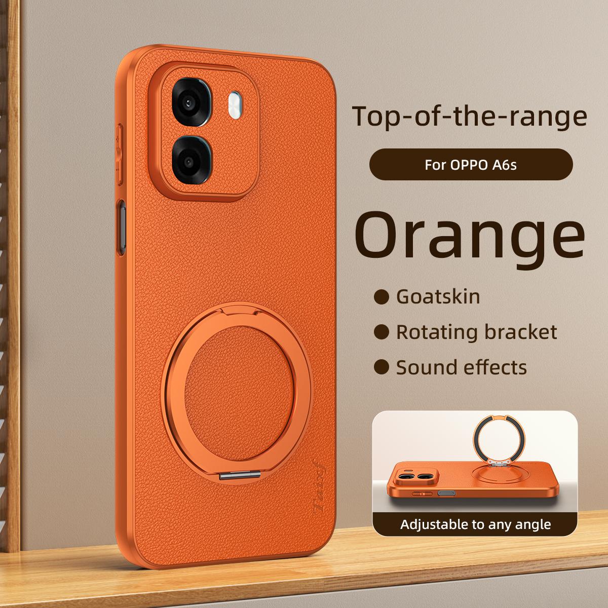 For OPPO A6s 5G Goatskin Vegan Leather Magnetic Phone Case  With 360 Degree Rotating Holder - Orange - EDA009792604A
