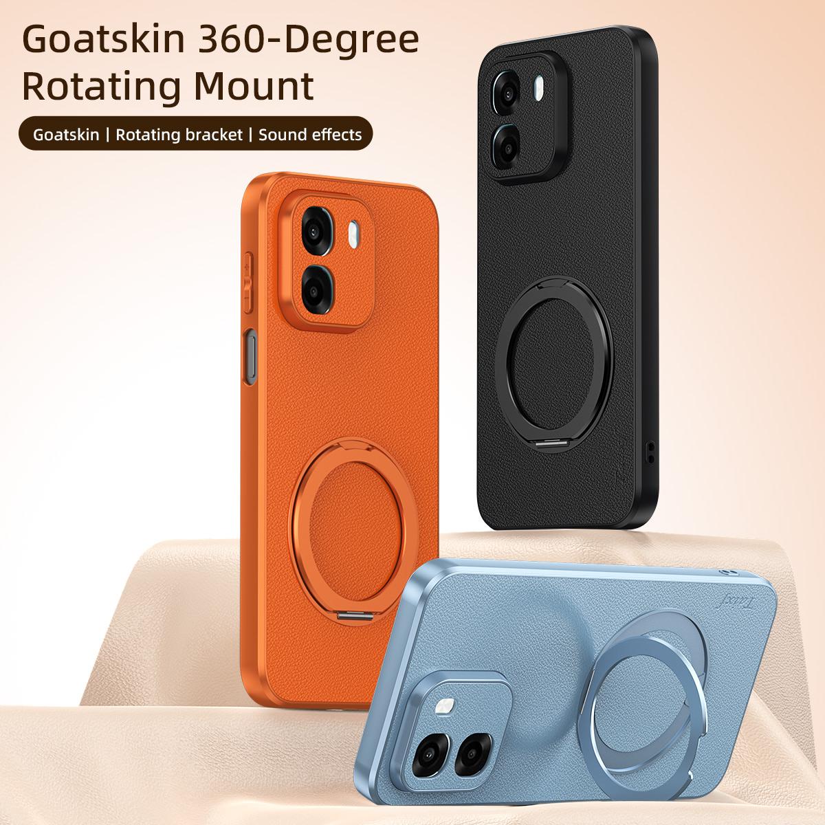 For OPPO A6s 5G Goatskin Vegan Leather Magnetic Phone Case  With 360 Degree Rotating Holder - Orange - EDA009792604A