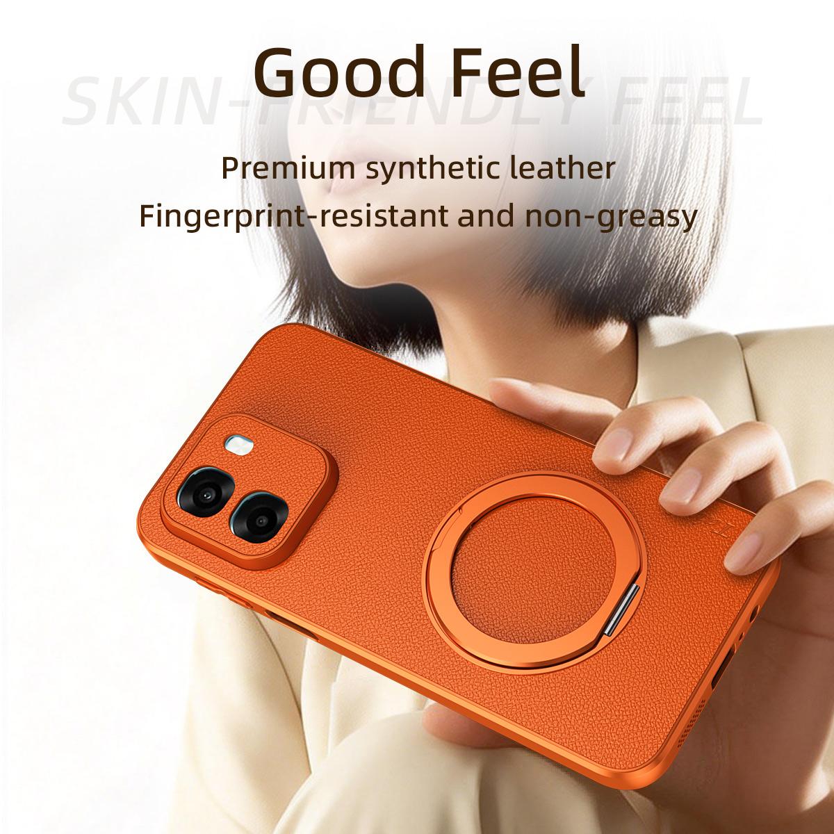 For OPPO A6s 5G Goatskin Vegan Leather Magnetic Phone Case  With 360 Degree Rotating Holder - Orange - EDA009792604A