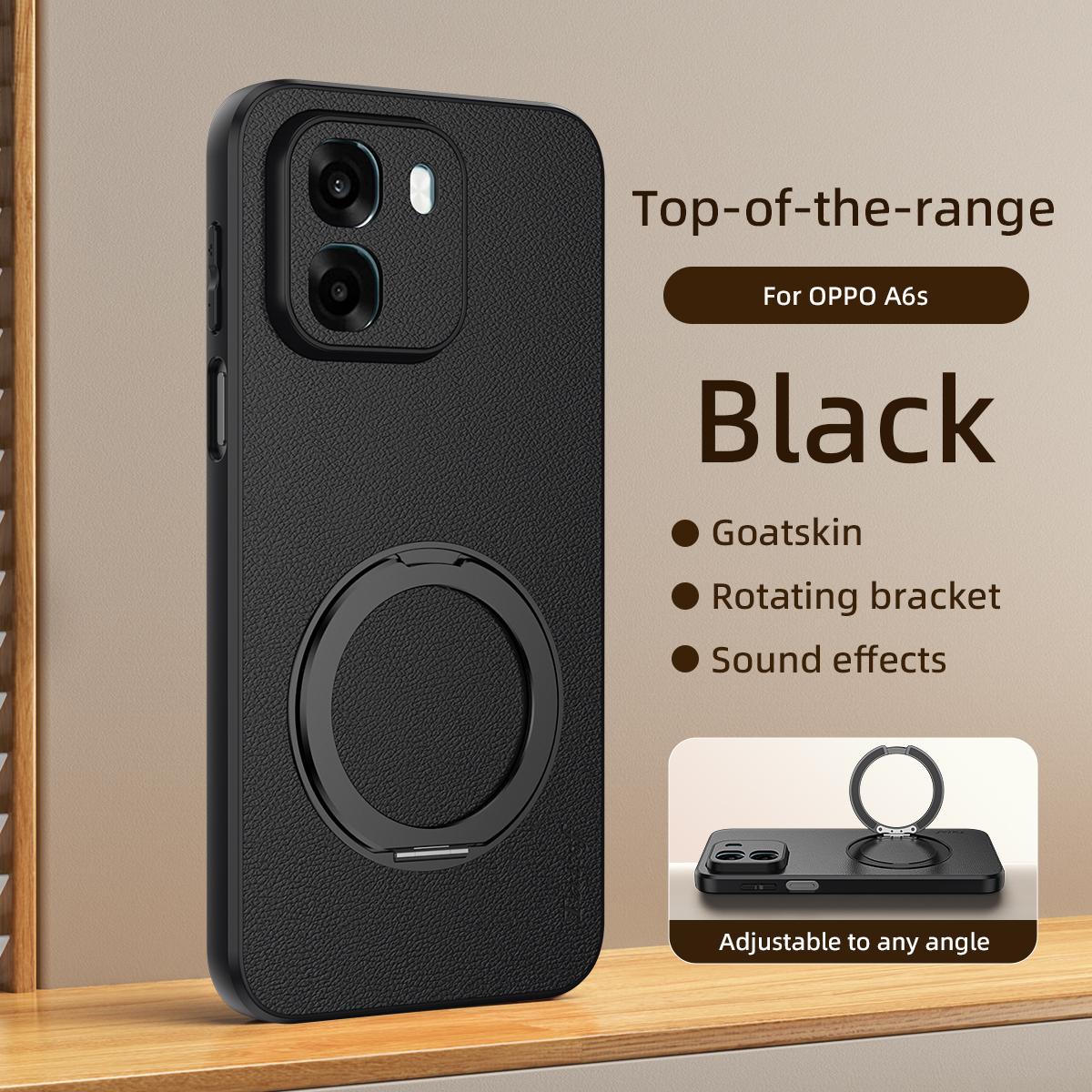 For OPPO A6s 5G Goatskin Vegan Leather Magnetic Phone Case  With 360 Degree Rotating Holder - Black - EDA009792604B