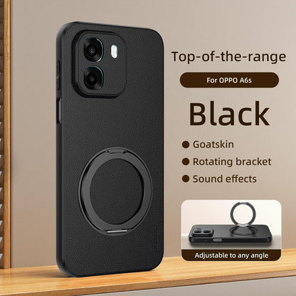 For OPPO A6s 5G Goatskin Vegan Leather Magnetic Phone Case  With 360 Degree Rotating Holder - Black - EDA009792604B