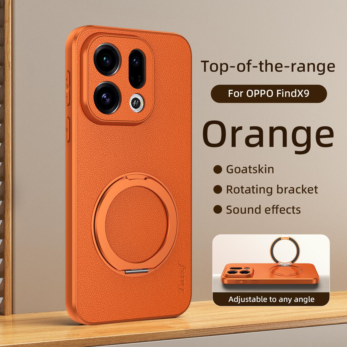 For OPPO Find X9 Goatskin Vegan Leather Magnetic Phone Case  With 360 Degree Rotating Holder - Orange - EDA009792607A