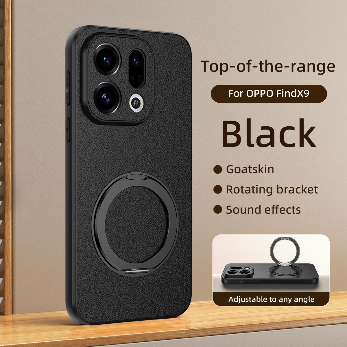 For OPPO Find X9 Goatskin Vegan Leather Magnetic Phone Case  With 360 Degree Rotating Holder - Black - EDA009792607B