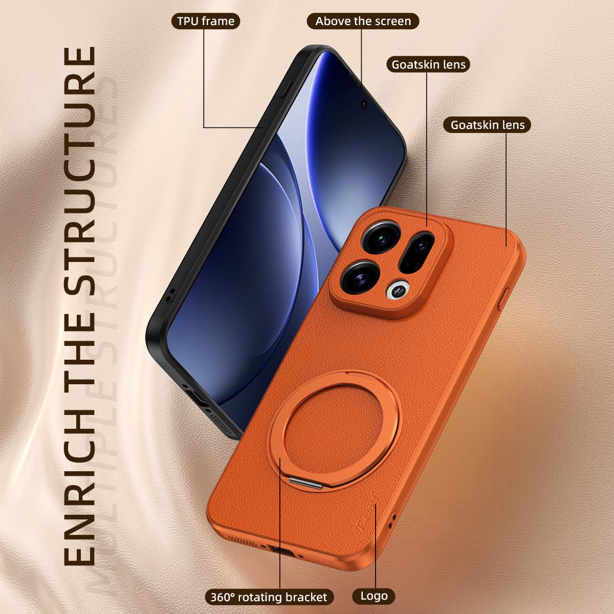 For OPPO Find X9 Goatskin Vegan Leather Magnetic Phone Case  With 360 Degree Rotating Holder - Black - EDA009792607B