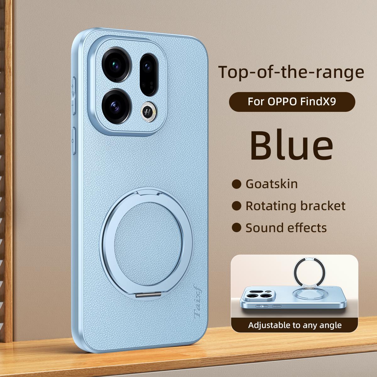 For OPPO Find X9 Goatskin Vegan Leather Magnetic Phone Case  With 360 Degree Rotating Holder - Blue - EDA009792607C