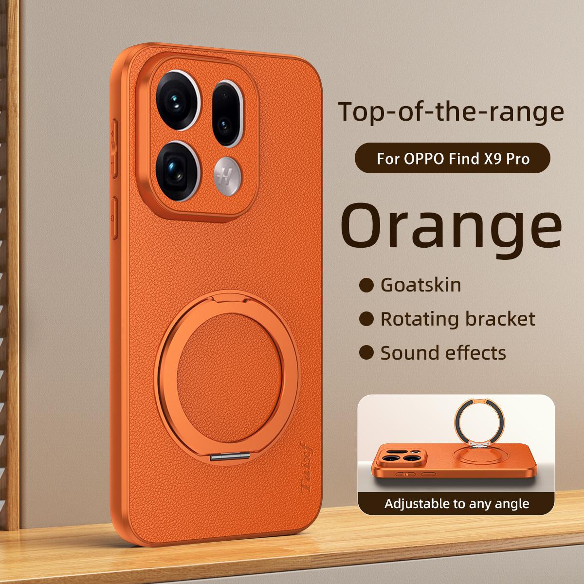 For OPPO Find X9 Pro Goatskin Vegan Leather Magnetic Phone Case  With 360 Degree Rotating Holder - Orange - EDA009792608A