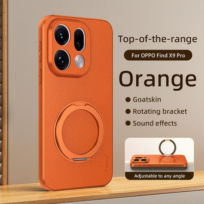 For OPPO Find X9 Pro Goatskin Vegan Leather Magnetic Phone Case  With 360 Degree Rotating Holder - Orange - EDA009792608A