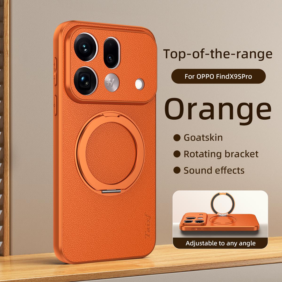 For OPPO Find X9s Pro 5G Goatskin Vegan Leather Magnetic Phone Case  With 360 Degree Rotating Holder - Orange - EDA009792609A