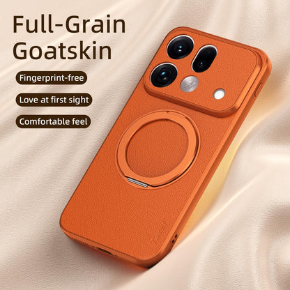 For OPPO Find X9s Pro 5G Goatskin Vegan Leather Magnetic Phone Case  With 360 Degree Rotating Holder - Orange - EDA009792609A