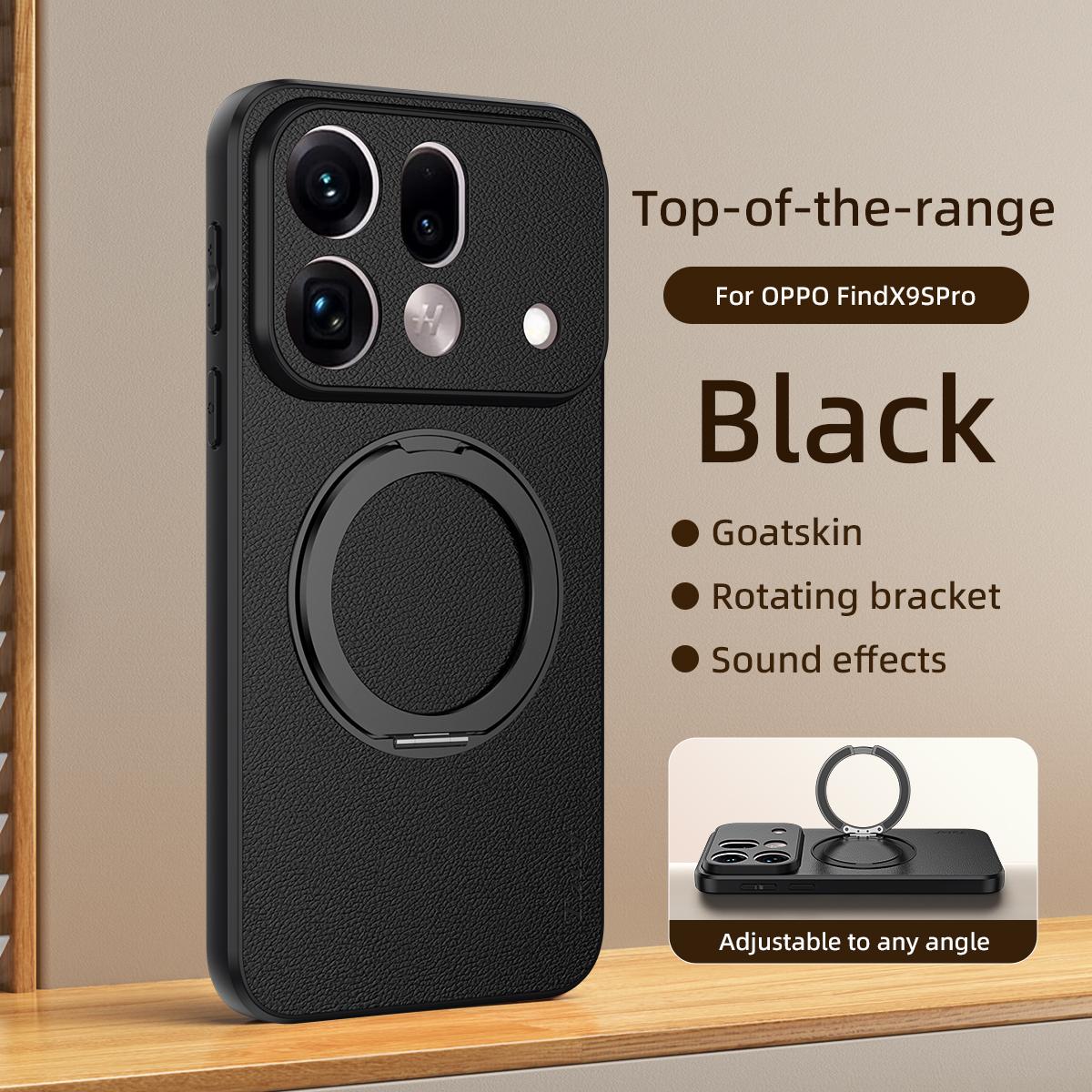 For OPPO Find X9s Pro 5G Goatskin Vegan Leather Magnetic Phone Case  With 360 Degree Rotating Holder - Black - EDA009792609B