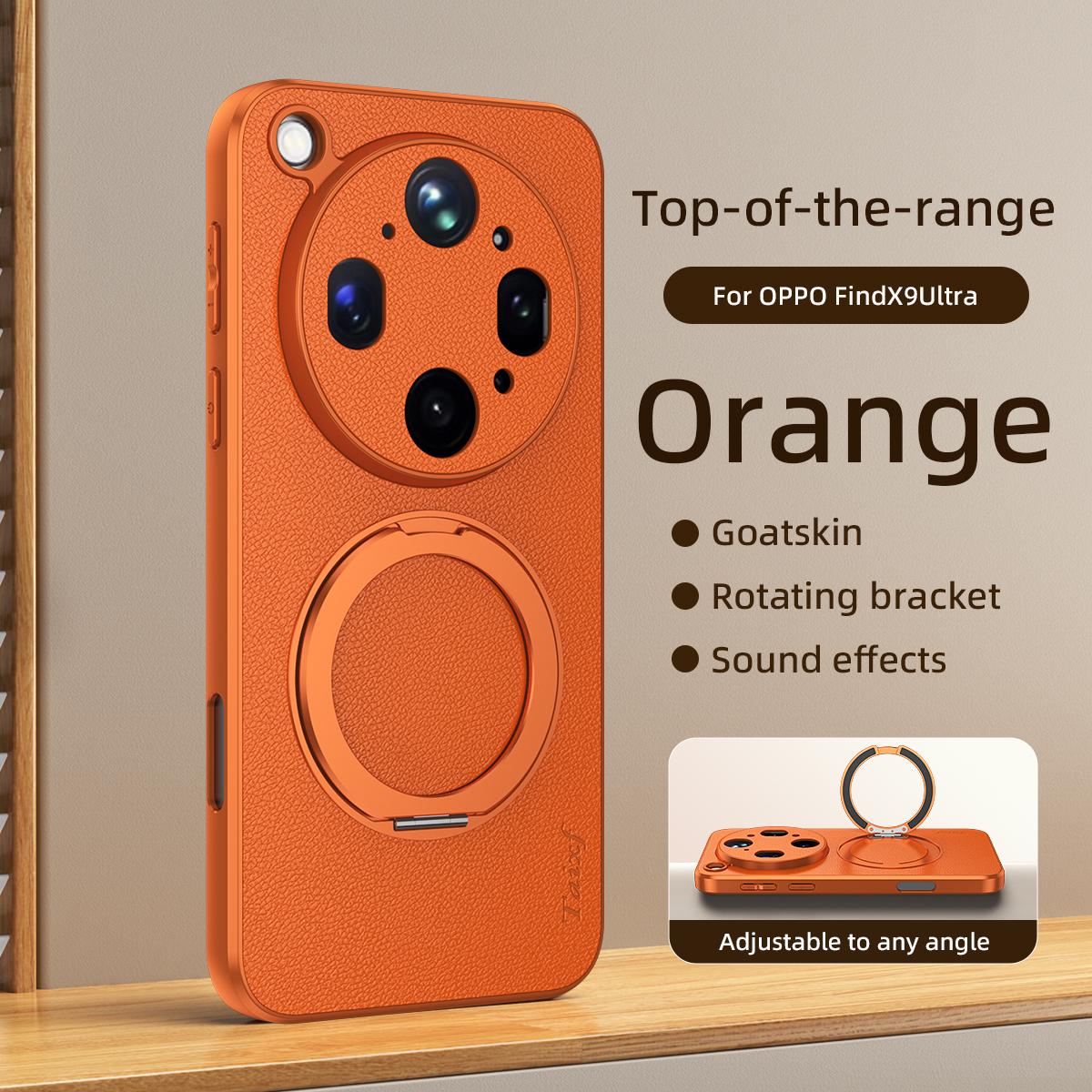 For OPPO Find X9 Ultra 5G Goatskin Vegan Leather Magnetic Phone Case  With 360 Degree Rotating Holder - Orange - EDA009792610A