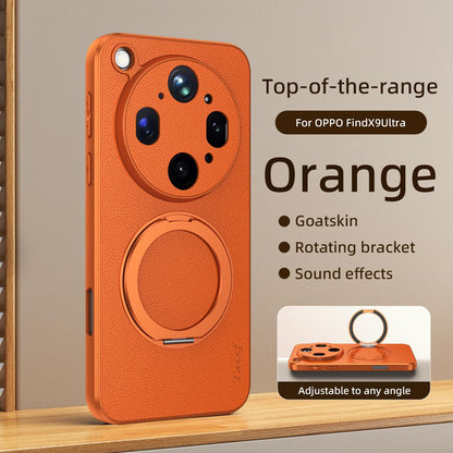 For OPPO Find X9 Ultra 5G Goatskin Vegan Leather Magnetic Phone Case  With 360 Degree Rotating Holder - Orange - EDA009792610A