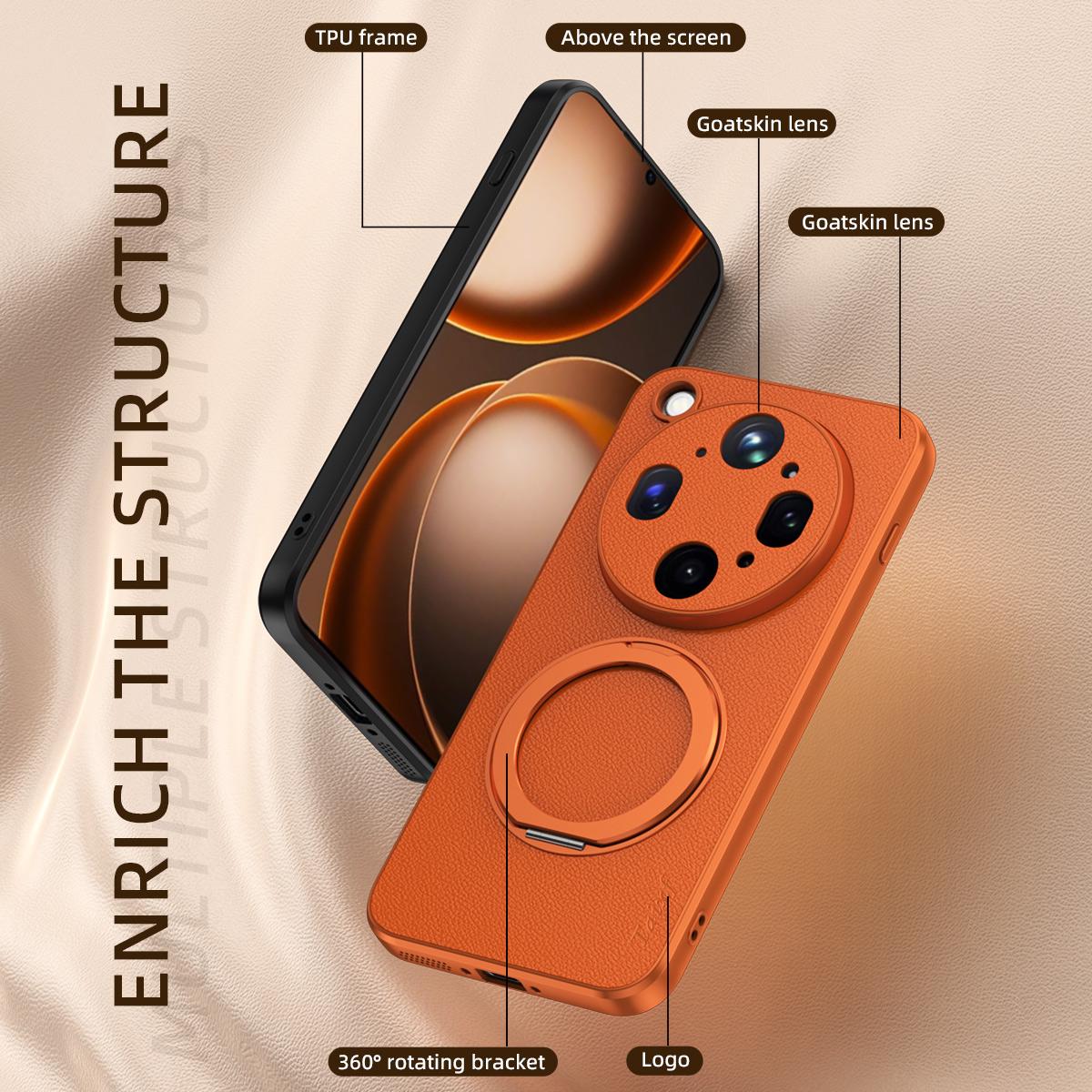 For OPPO Find X9 Ultra 5G Goatskin Vegan Leather Magnetic Phone Case  With 360 Degree Rotating Holder - Orange - EDA009792610A