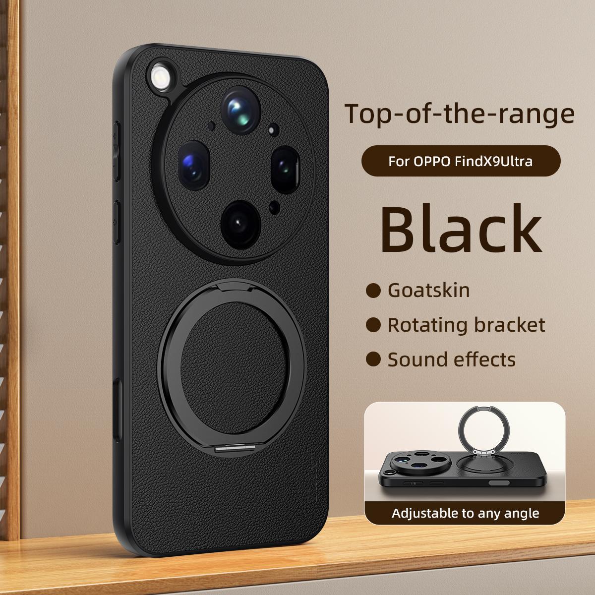 For OPPO Find X9 Ultra 5G Goatskin Vegan Leather Magnetic Phone Case  With 360 Degree Rotating Holder - Black - EDA009792610B