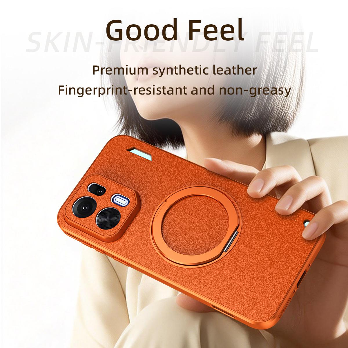 For OPPO K15 Pro+ Goatskin Vegan Leather Magnetic Phone Case  With 360 Degree Rotating Holder - Orange - EDA009792611A