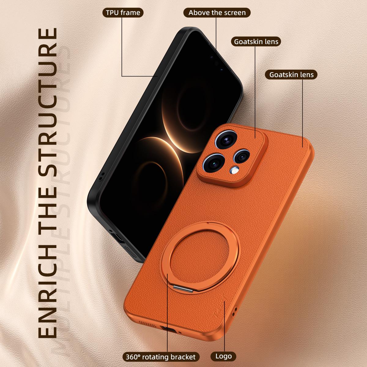 For OPPO Reno 15c 5G Goatskin Vegan Leather Magnetic Phone Case  With 360 Degree Rotating Holder - Orange - EDA009792613A