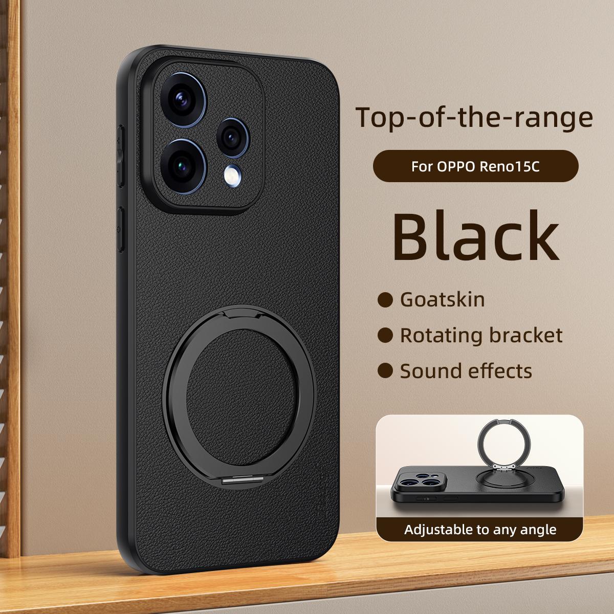 For OPPO Reno 15c 5G Goatskin Vegan Leather Magnetic Phone Case  With 360 Degree Rotating Holder - Black - EDA009792613B