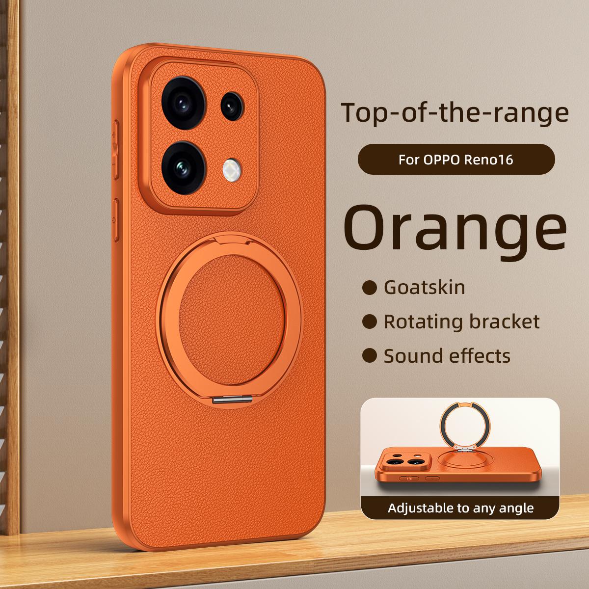 For OPPO Reno 16 5G Global Goatskin Vegan Leather Magnetic Phone Case  With 360 Degree Rotating Holder - Orange - EDA009792615A