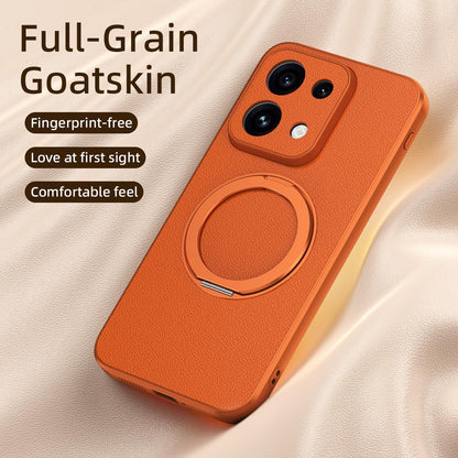 For OPPO Reno 16 5G Global Goatskin Vegan Leather Magnetic Phone Case  With 360 Degree Rotating Holder - Orange - EDA009792615A