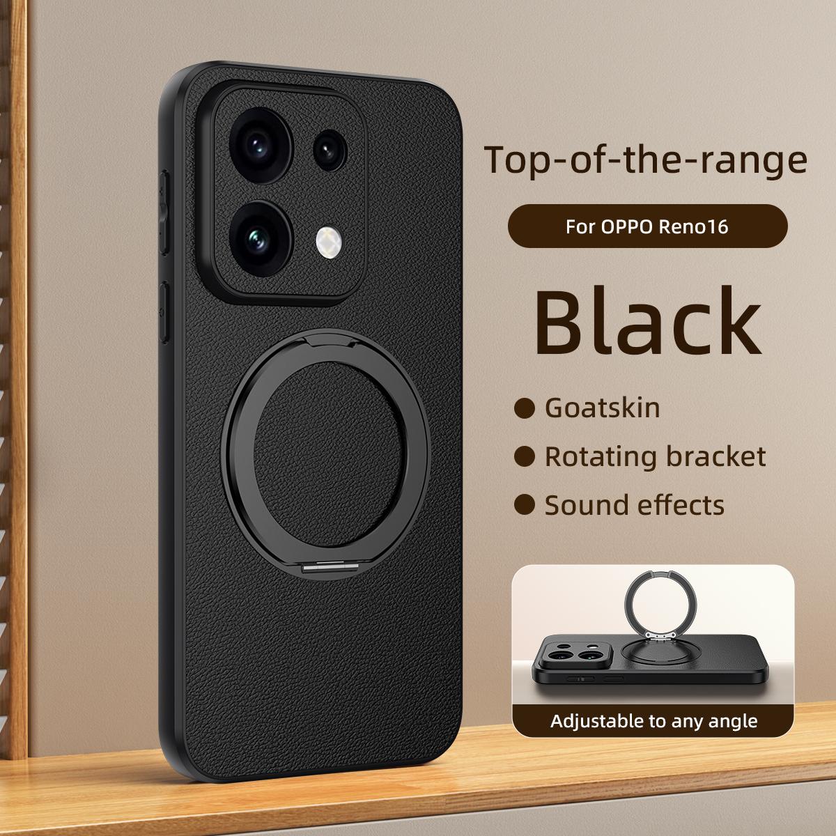 For OPPO Reno 16 5G Global Goatskin Vegan Leather Magnetic Phone Case  With 360 Degree Rotating Holder - Black - EDA009792615B