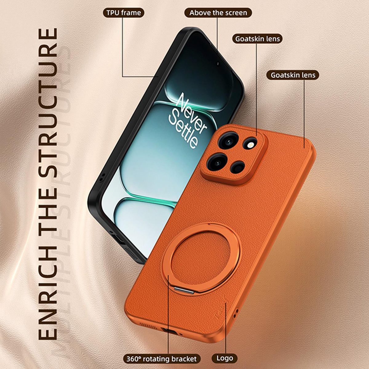 For OnePlus Turbo 6 Goatskin Vegan Leather Magnetic Phone Case With 360 Degree Rotating Holder - Orange - EDA009793102A