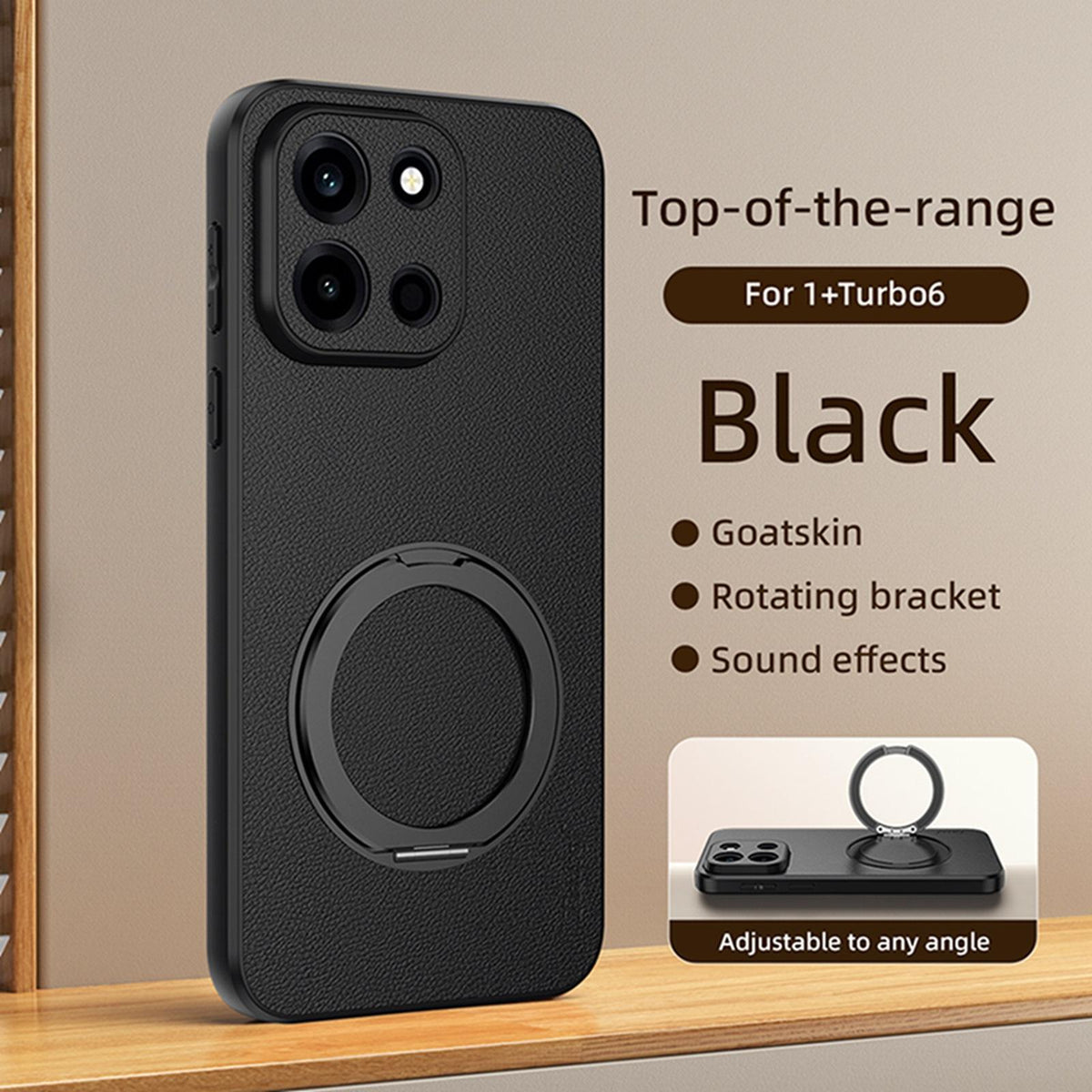 For OnePlus Turbo 6 Goatskin Vegan Leather Magnetic Phone Case With 360 Degree Rotating Holder - Black - EDA009793102B
