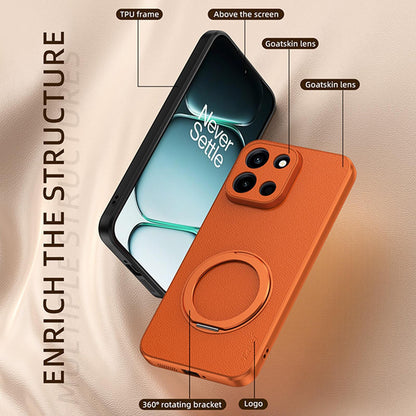 For OnePlus Turbo 6 Goatskin Vegan Leather Magnetic Phone Case With 360 Degree Rotating Holder - Black - EDA009793102B