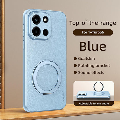 For OnePlus Turbo 6 Goatskin Vegan Leather Magnetic Phone Case With 360 Degree Rotating Holder - Blue - EDA009793102C