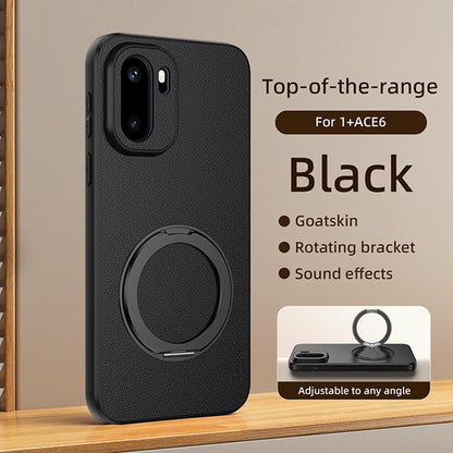 For OnePlus Ace 6 Goatskin Vegan Leather Magnetic Phone Case With 360 Degree Rotating Holder - Black - EDA009793103B