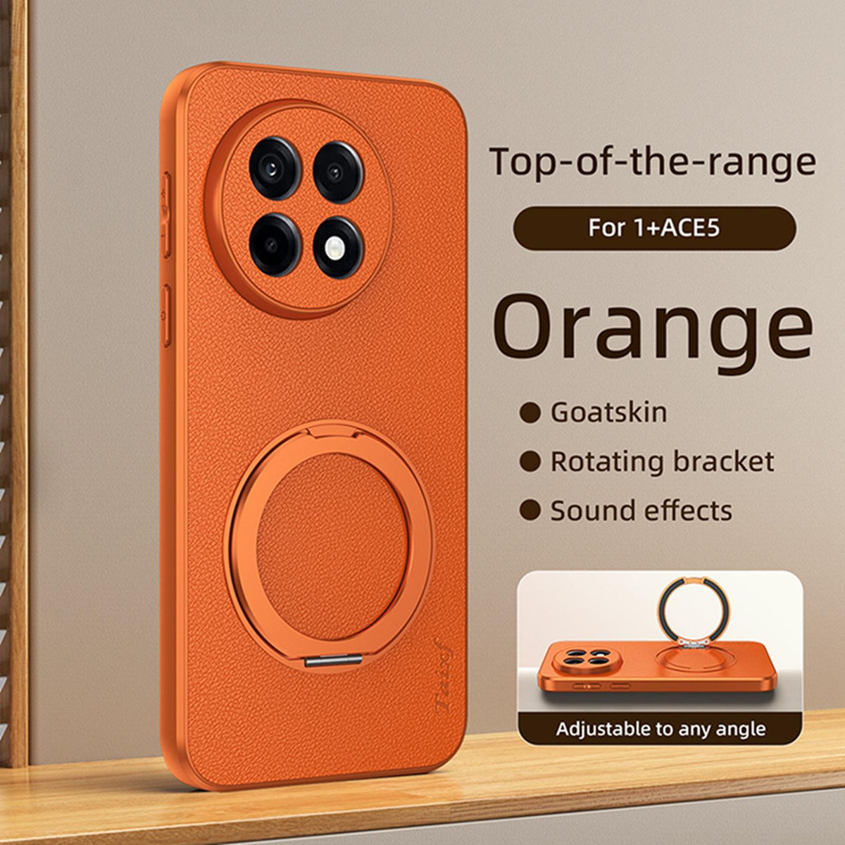 For OnePlus Ace 5 Goatskin Vegan Leather Magnetic Phone Case With 360 Degree Rotating Holder - Orange - EDA009793104A