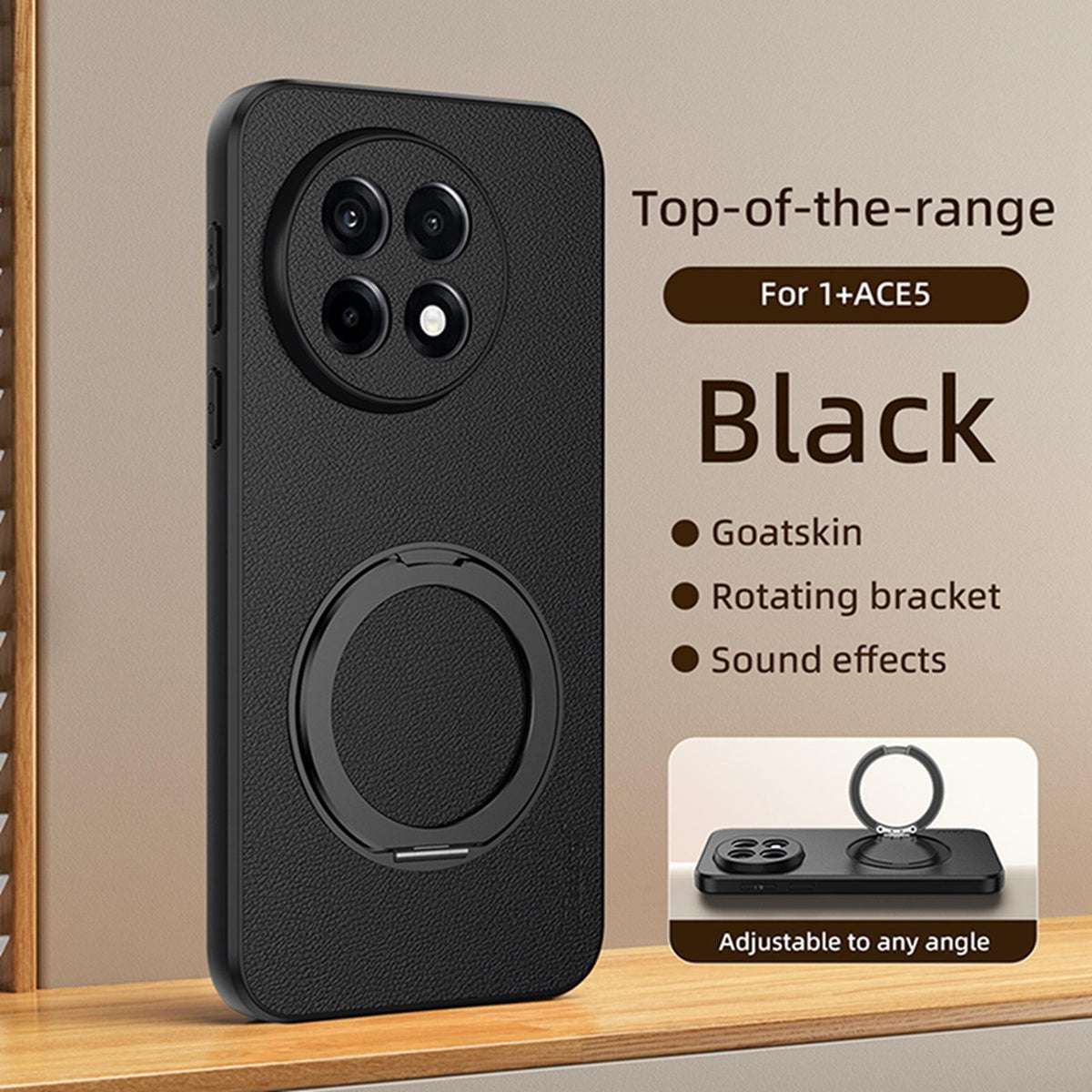 For OnePlus Ace 5 Goatskin Vegan Leather Magnetic Phone Case With 360 Degree Rotating Holder - Black - EDA009793104B