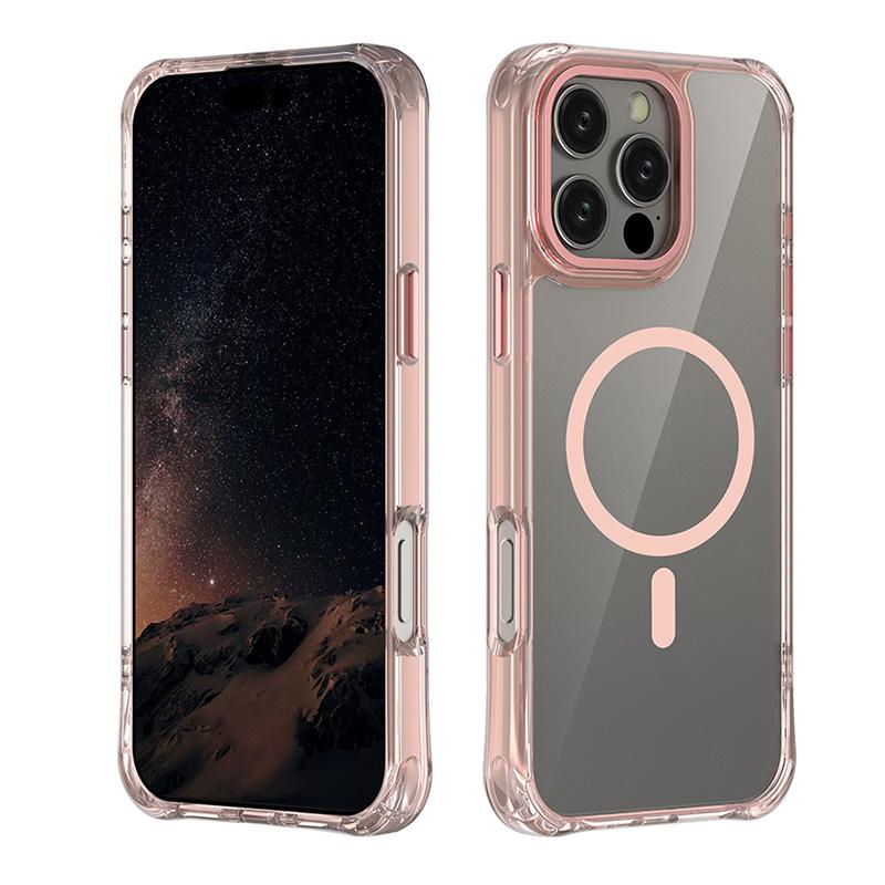 For iPhone 16 Pro Max Shockproof Magnetic PC Hybrid TPU Phone Case - Transparent Pink - EDA009793505C