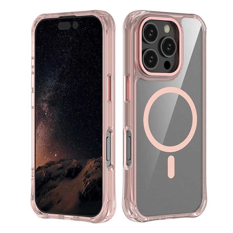 For iPhone 16 Pro Shockproof Magnetic PC Hybrid TPU Phone Case - Transparent Pink - EDA009793506C