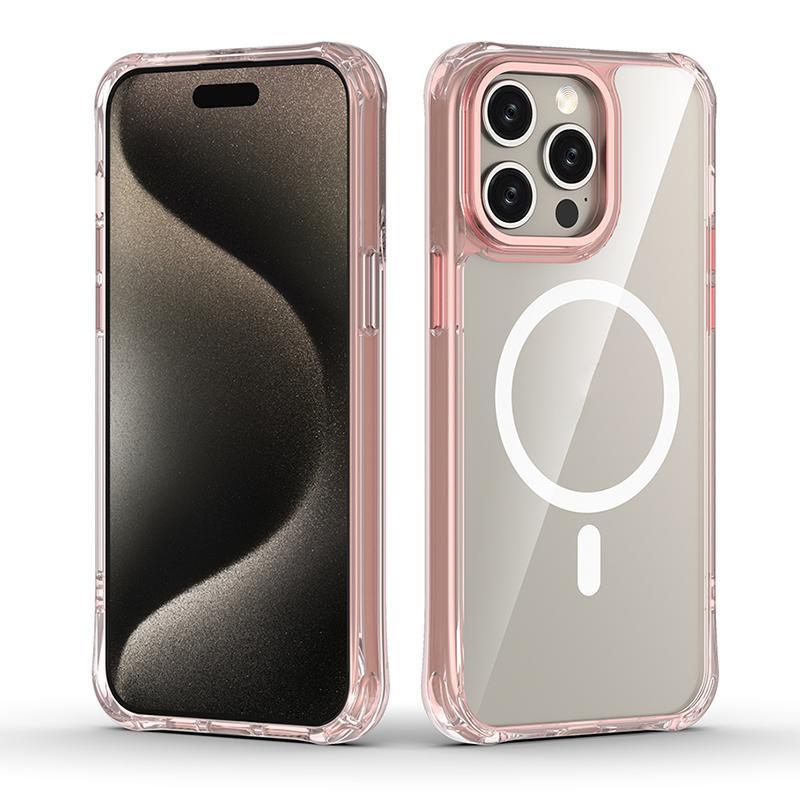 For iPhone 15 Pro Max Shockproof Magnetic PC Hybrid TPU Phone Case - Transparent Pink - EDA009793509C